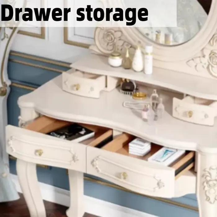 Coiffeuse de chambre à coucher de style français européen pour fille avec miroir LED et chaise