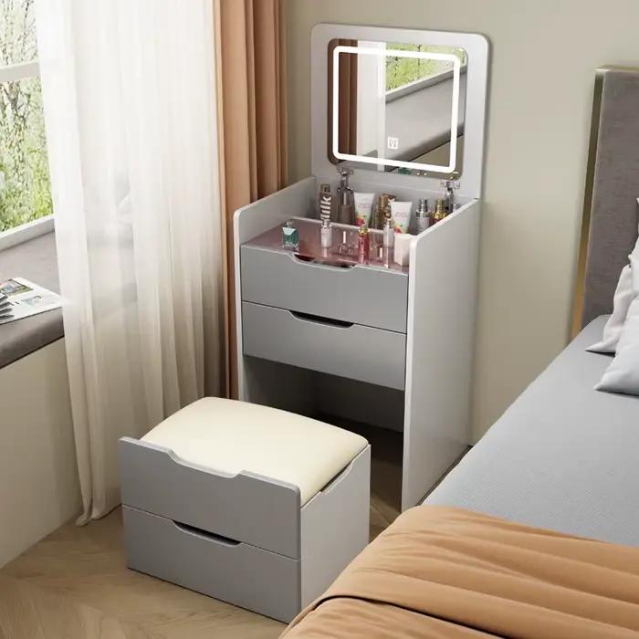 Table de maquillage moderne en bois avec lumières LED et petits rangements pour la chambre à coucher