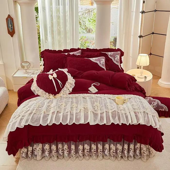 4/5 pièces hiver chaud épaissi lait velours dentelle princesse bordeaux rouge ensemble de literie housse de couette