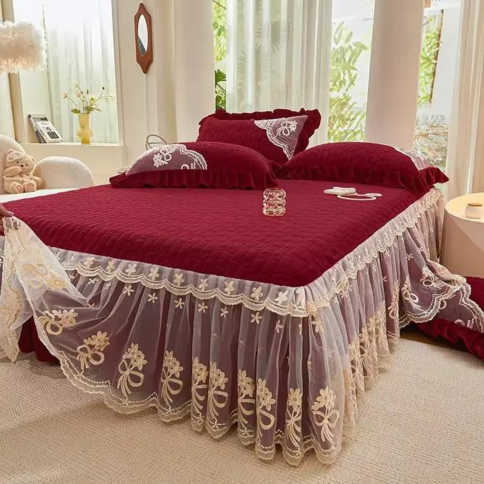 4/5 pièces hiver chaud épaissi lait velours dentelle princesse bordeaux rouge ensemble de literie housse de couette