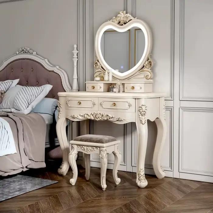 Coiffeuse de chambre à coucher de style français européen pour fille avec miroir LED et chaise