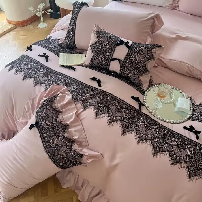 Parure de lit Vintage française en dentelle noire