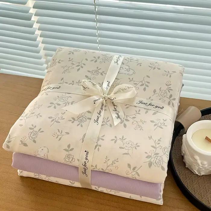Parure de lit tricotée en coton imprimé floral Ins