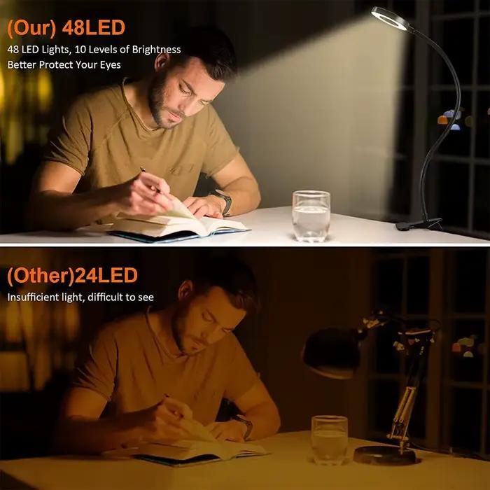 48 LED lampe de bureau Clip USB livre lumière chevet 360 ° Protection oculaire flexible col de cygne