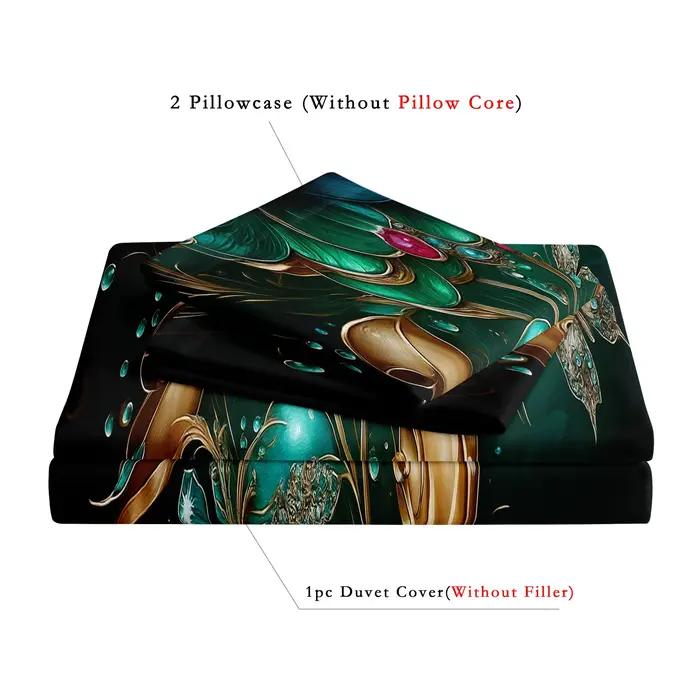 Parure de lit 3 pièces vert émeraude et rose florale dorée-housse de couette de luxe à imprimé floral vintage avec 1 *