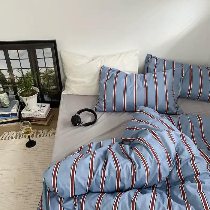 Linge de lit 100% coton housse de couette rayure Queen Size 40s