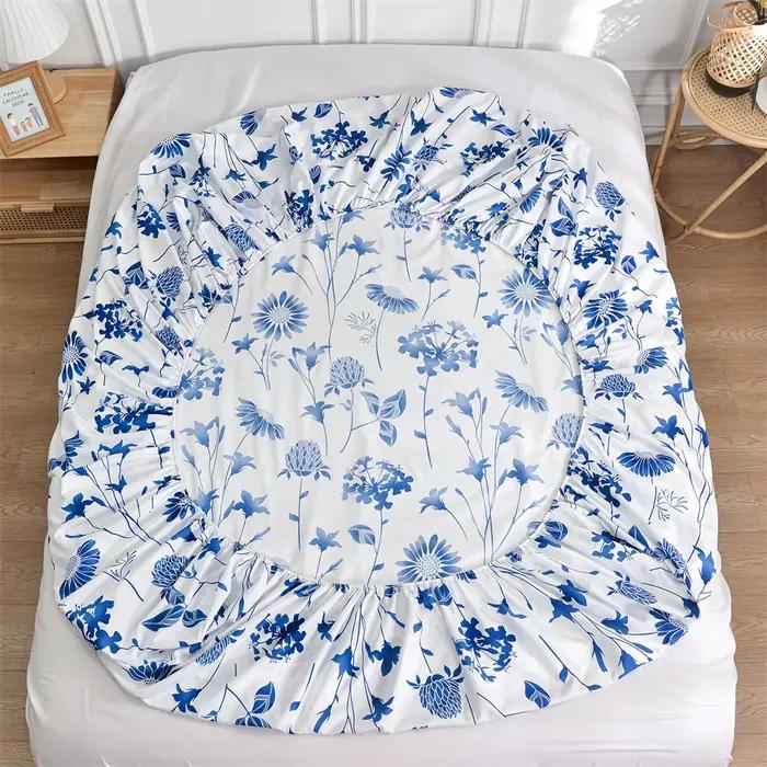 Drap-housse double avec élastique imprimé de fleurs bleues
