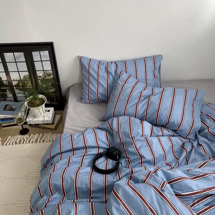 Linge de lit 100% coton housse de couette rayure Queen Size 40s