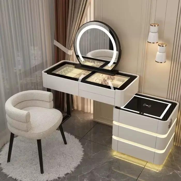 Coiffeuse moderne éclairée et extensible pour chambre à coucher avec miroir LED à 3 couleurs