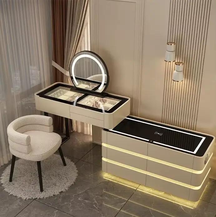 Coiffeuse moderne éclairée et extensible pour chambre à coucher avec miroir LED à 3 couleurs