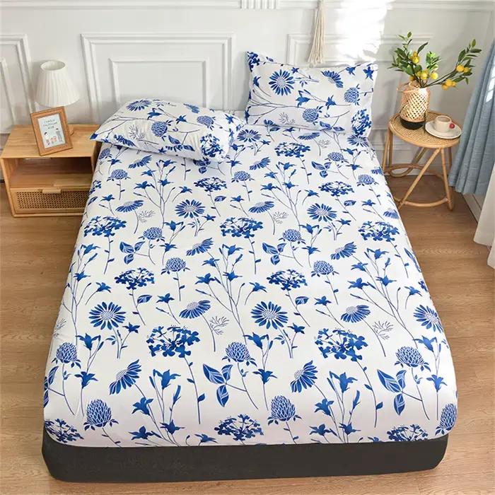 Drap-housse double avec élastique imprimé de fleurs bleues