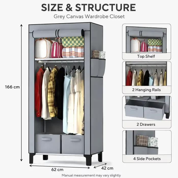 Armoire en toile grise avec 2 barres de suspension