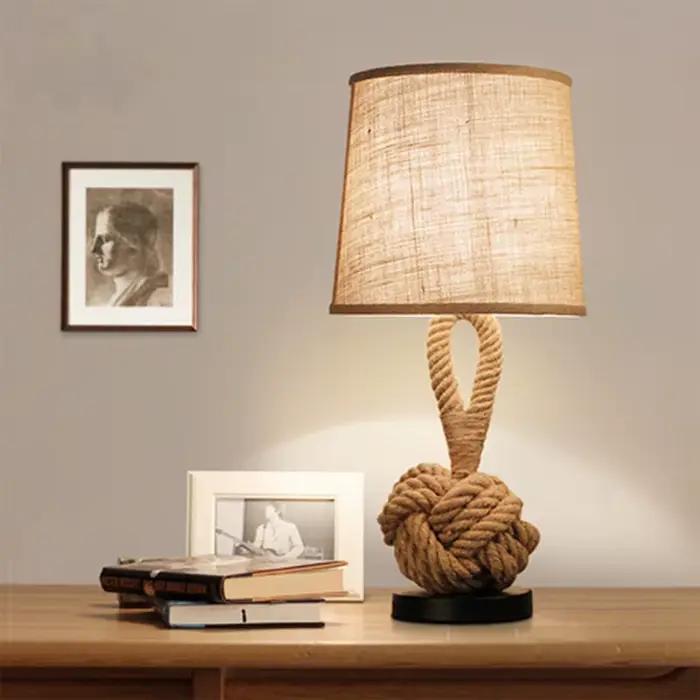 Lampe de table rétro de style américain, lampe de chevet créative en corde tressée, lampe d'art manuelle pour chambre à coucher, bureau, café, bar