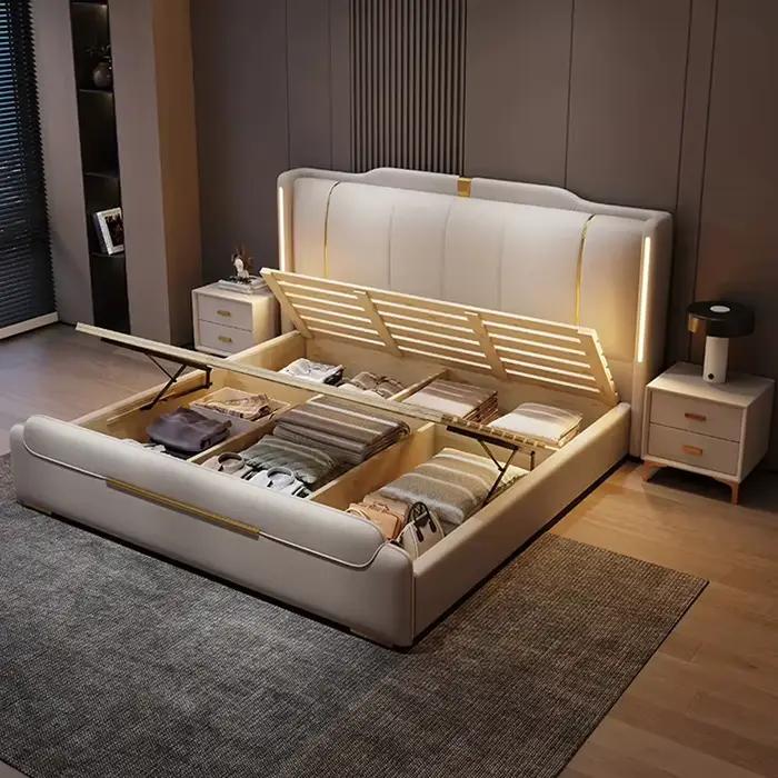 SAT. Lit double moderne de luxe en cuir souple avec cadre en bois massif et rangement pour la maison ou la chambre d'hôtel