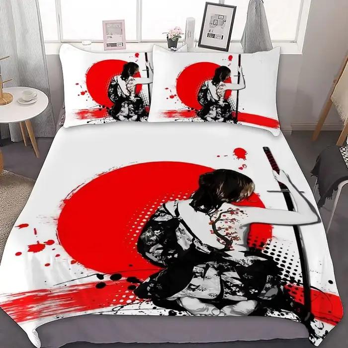 Parure de lit samouraï japonais King/Queen/pleine taille japon coucher de soleil paysage bâtiment Silhouette Polyester housse de couette hommes noir rouge