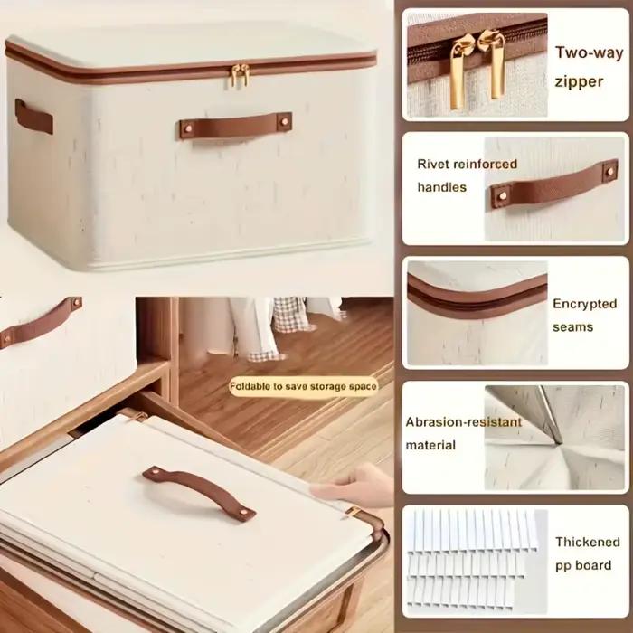 Boîte de rangement pliable en lin avec doubles fermetures éclair et poignée en simili cuir