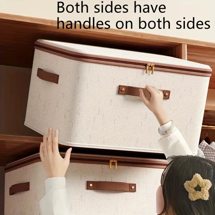Boîte de rangement pliable en lin avec doubles fermetures éclair et poignée en simili cuir