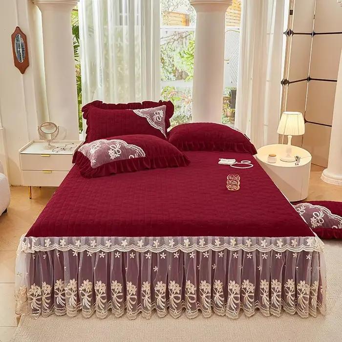 4/5 pièces hiver chaud épaissi lait velours dentelle princesse bordeaux rouge ensemble de literie housse de couette