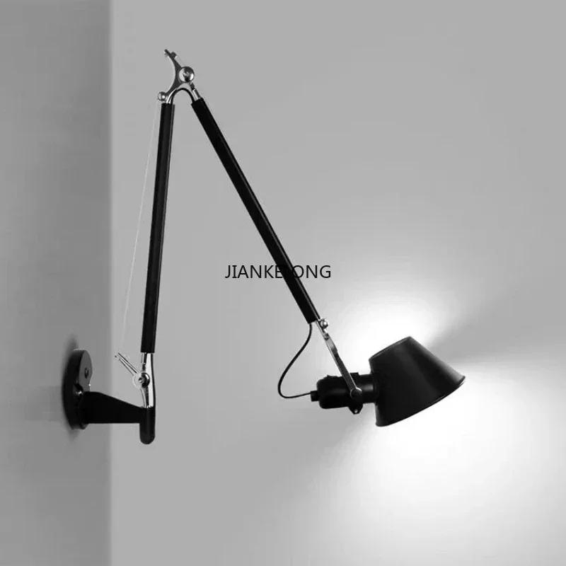 Lampe murale LED à bras Long italien, en métal argenté et noir, pour chambre à coucher, bureau, lampes de lecture, interrupteur E27, éclairage rotatif et réglable, décor