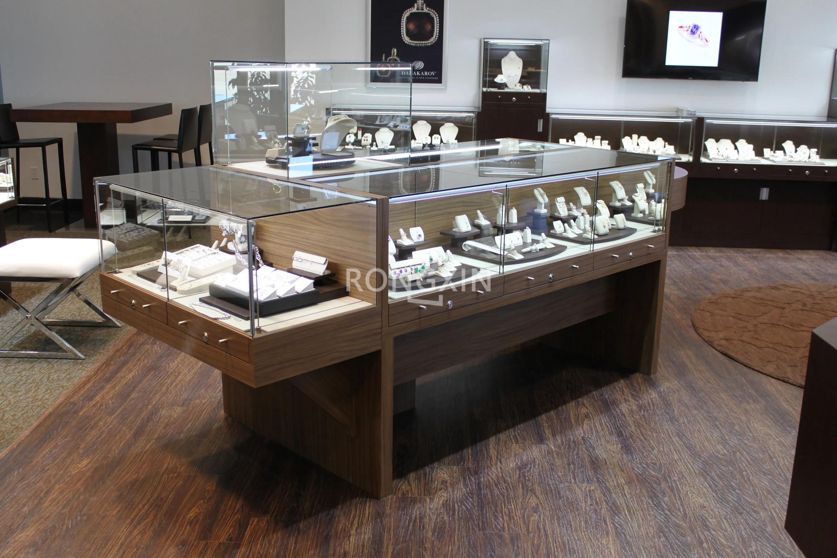 Vitrine de présentation en bois personnalisée pour bijouterie, design moderne et populaire, avec couvercle en verre