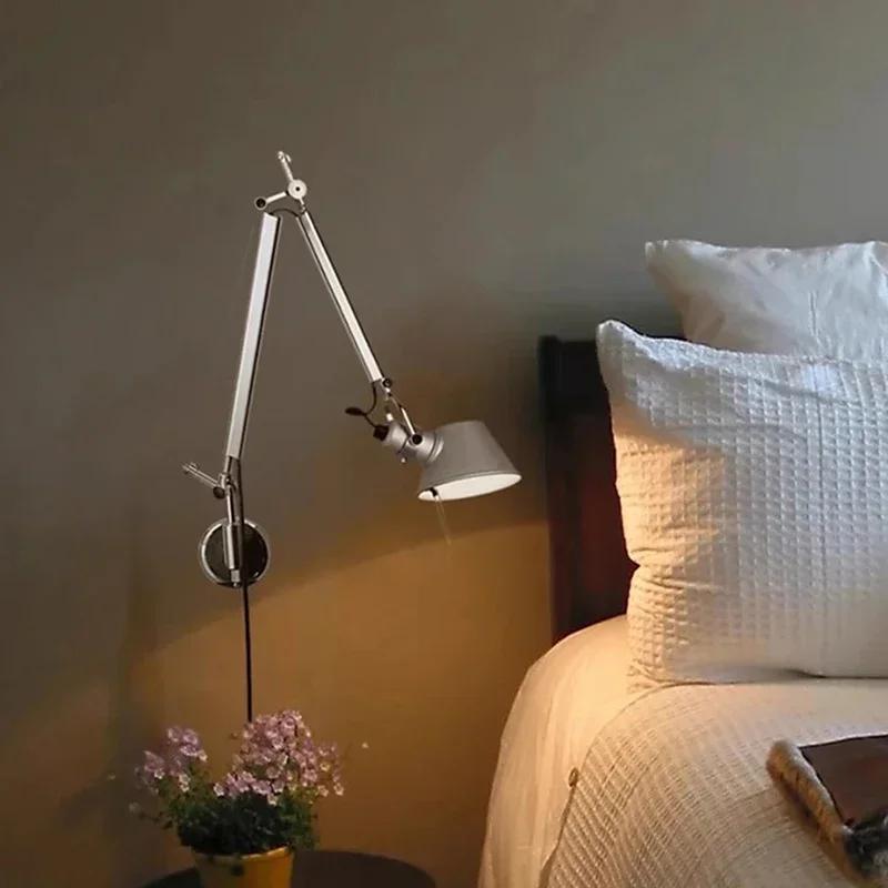 Applique murale moderne à bras Long, ampoule E27 en métal noir argenté avec interrupteur rotatif pour chambre à coucher, lecture, bureau, salon, livraison directe