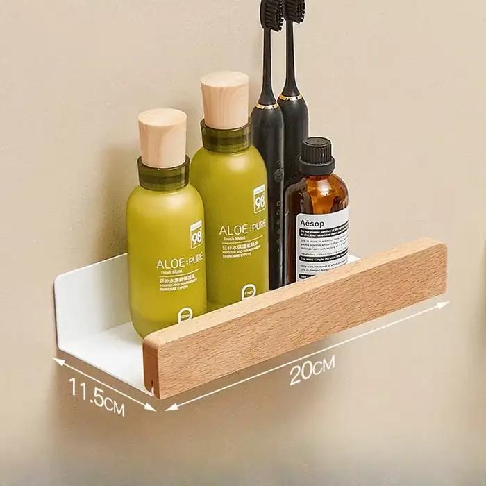 Étagère Murale en Bois de Hêtre pour Salle de Bain, Support de Rangement sans Trou pour Salon