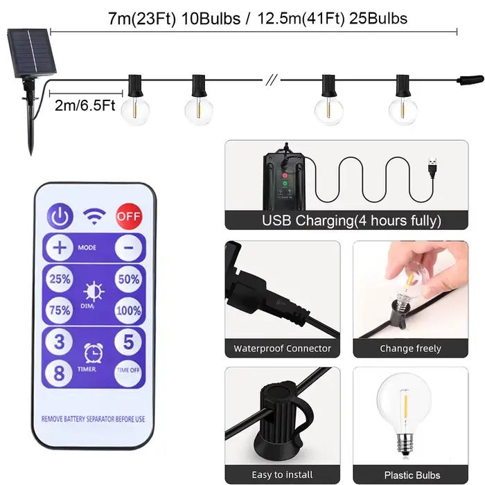 Guirxiété Solaire G40 à LED pour l'Extérieur, Luminaire Décoratif, Idéal pour un Jardin, une Terrass