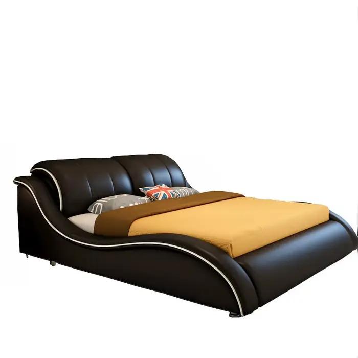Cadre de lit en cuir véritable rectangulaire rembourré, lits doubles de styliste, chambre à coucher