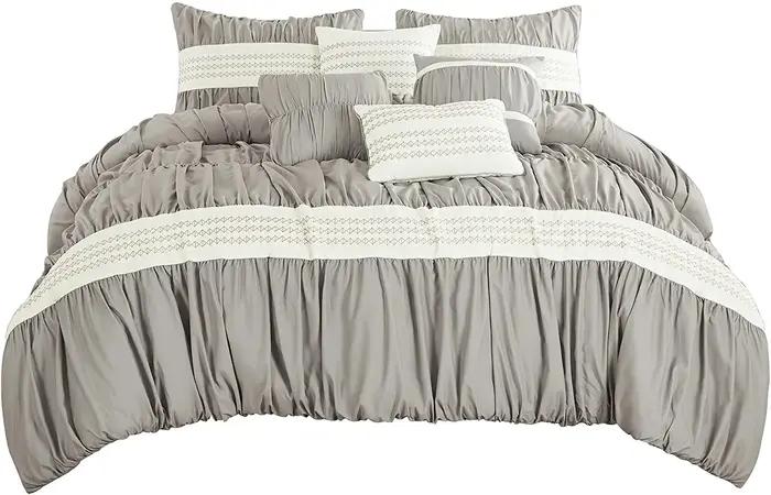 Ensemble de couette Queen de luxe gris, microcarence rayée, polyester, 7 pièces