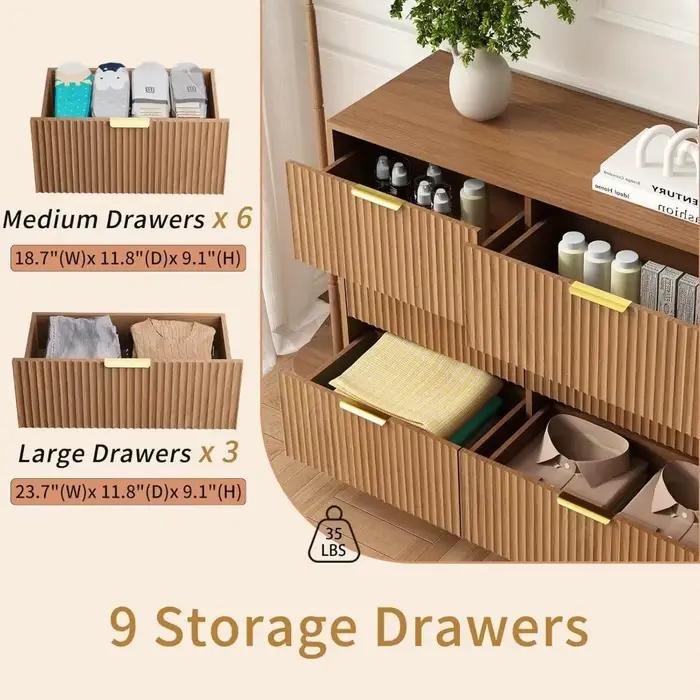 Commode à 9 tiroirs pour chambre à coucher avec tiroirs profonds, commode en bois de 63 pouces de la