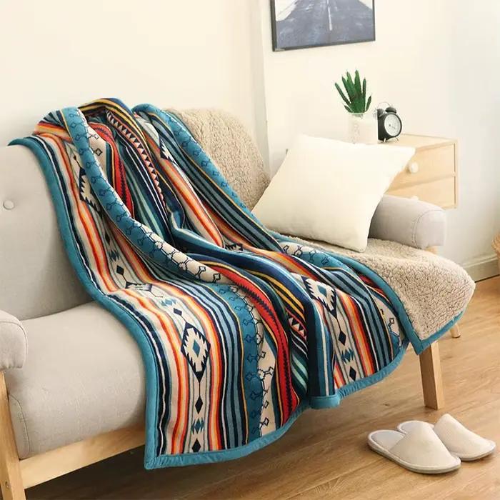 Couverture nordique bohème en flanelle, laine d'agneau Double couche épaisse et chaude pour canapé-l