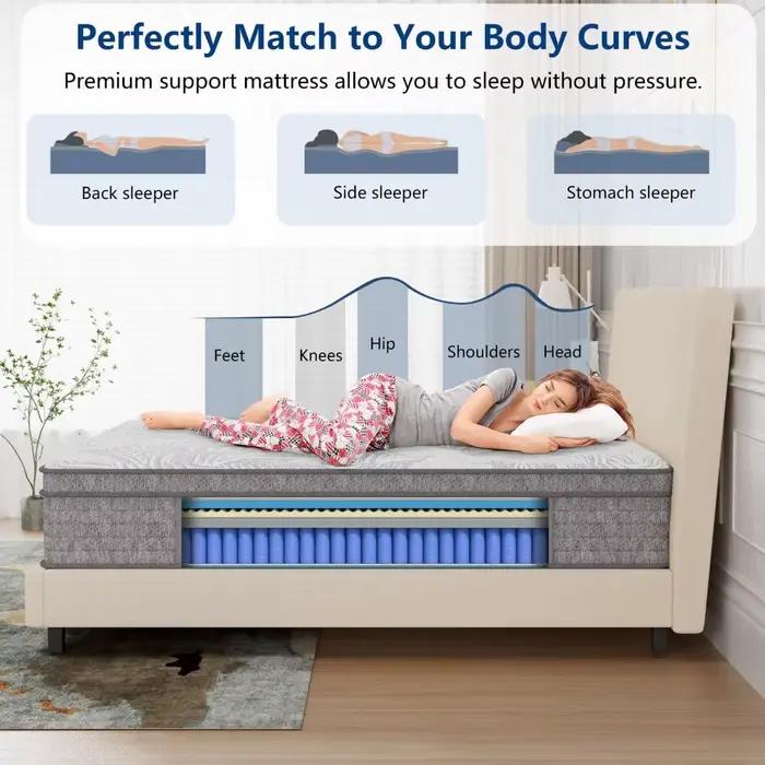 Matelas, matelas hybride californien de 14 pouces dans une boîte, ressorts ensachés et mousse à mémo