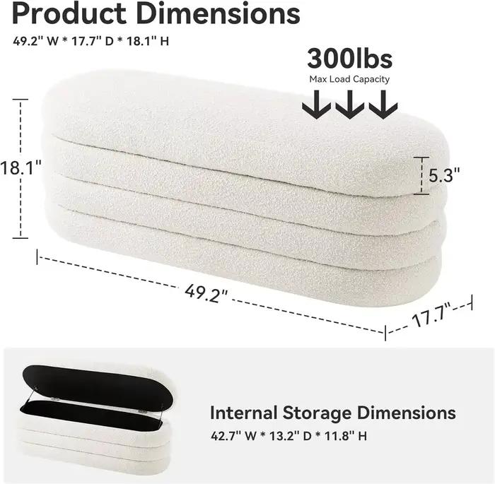 Un banc de rangement ottoman de 49,2 pouces, tissu rembourré, fin du lit, banc de rangement esthétiq