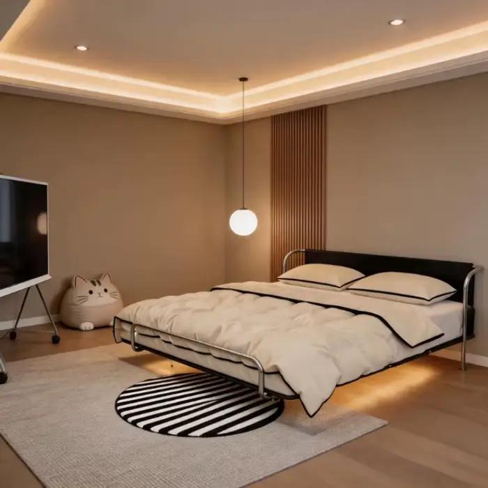 Lit 180x200 200x200 200x220cm Moderne de Luxe Suspendu en Acier Carbone, Lits et Cadres de Lit pour Chambre à Coucher, Lit Double Queen en Cuir Véritable