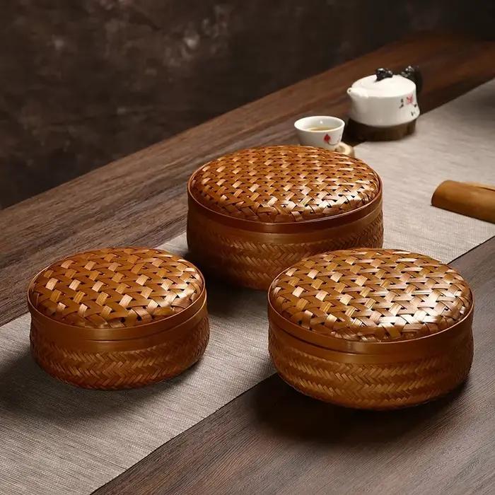 Boîte de rangement ronde en bambou faite à la main avec couvercle