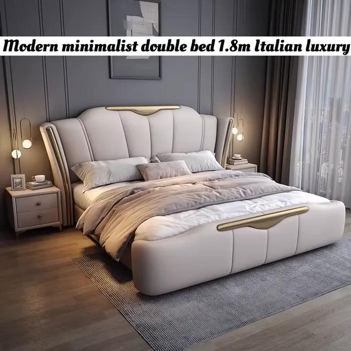 Lit Double Luxe Moderne avec Tête de Lit Rembourrée 200x220cm