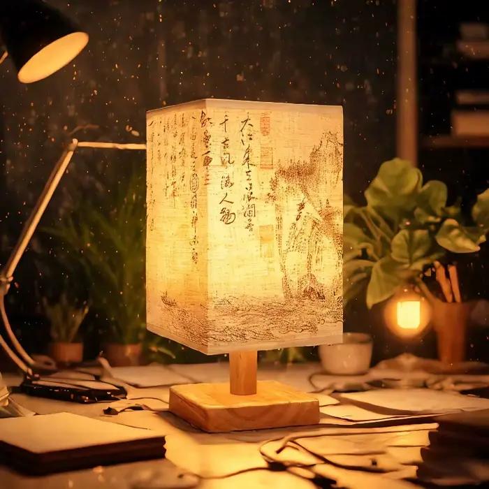 Lampe de Table lanterne en bambou de Style chinois, Simple, variable, veilleuse USB, abat-jour en tissu pour chambre à coucher, chevet, salon, dortoir