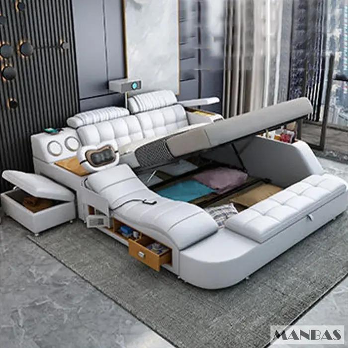 Lit Linlamlim Tech Smart en cuir véritable | Lits ultimes multifonctionnels | Lit Tatami de massage avec projecteur |