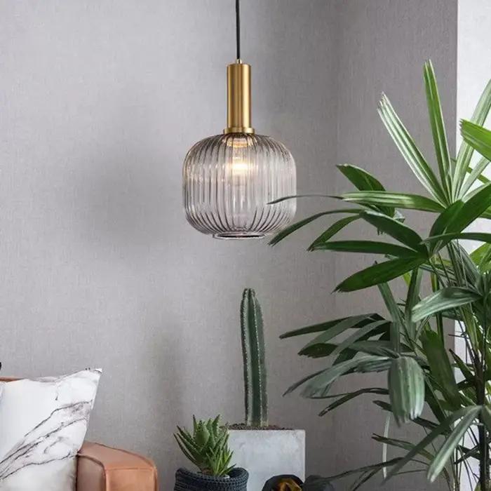 Lampes suspendues de chevet éclairage en verre Simple rayé vintage petite lampe suspendue galvanisé or vert verre droplight loft