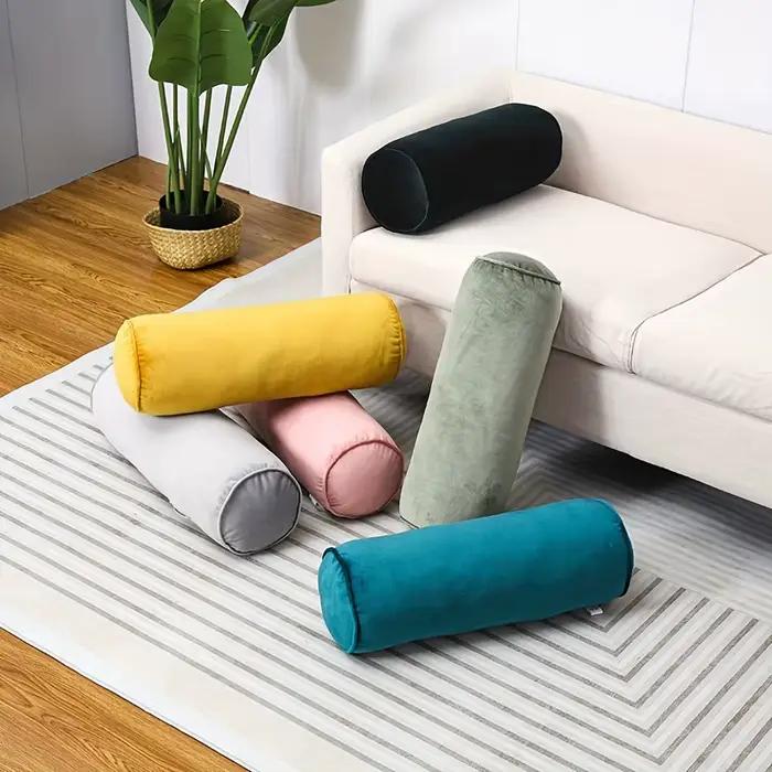 Oreiller cylindrique classique en velours, doux, noyau à haute élasticité, tissu tricoté de couleur unie, polyvalent, lavage des mains, décoration de maison, canapé, chambre à coucher