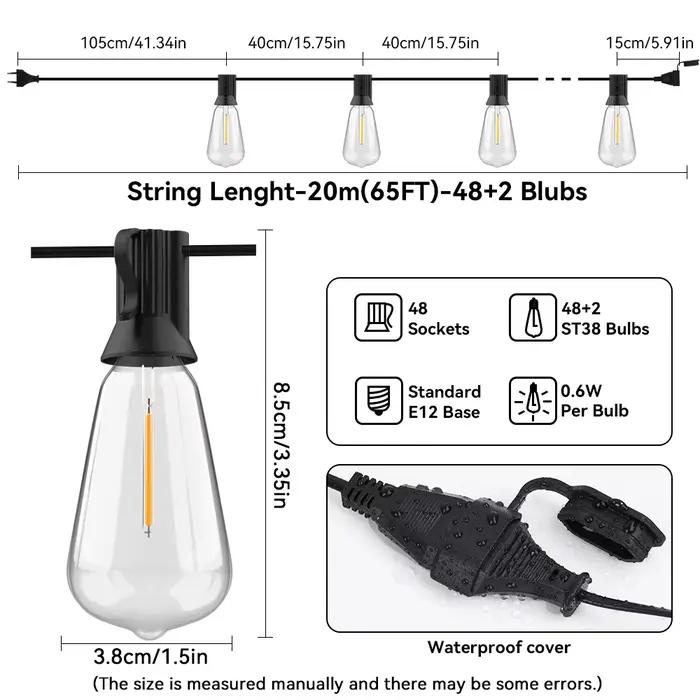 Guirlande lumineuse ST38 20M 30M, ampoules LED incassables pour l'extérieur, IP44, Patio, jardin, fê