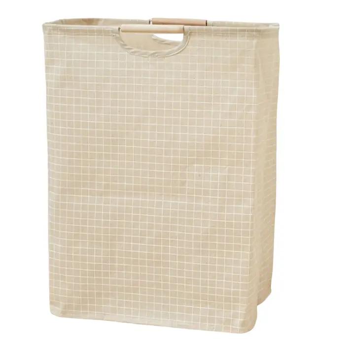 Panier à linge en coton et lin pliable avec doublure imperméable et poignées en bois pour chambre