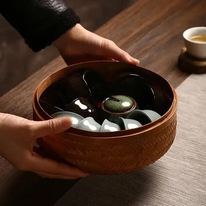 Boîte de rangement ronde en bambou faite à la main avec couvercle