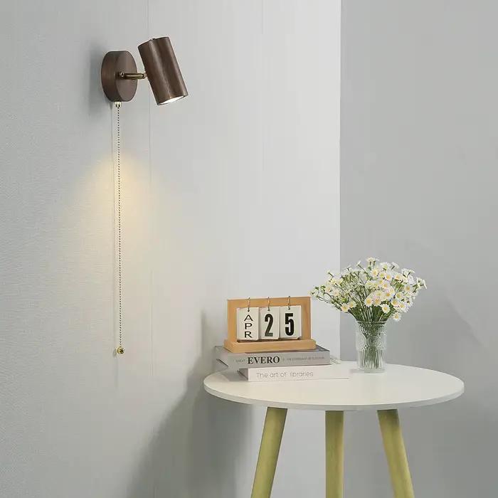 Applique murale couleur bois de noyer rétro chambre chevet appliques tête de lampe réglable tirer cordon interrupteur lecture mur projecteur LED
