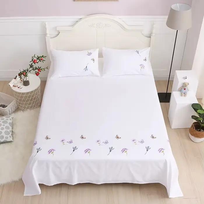 Drap de lit 100% coton avec motif de fleurs et de papillons brodés romantiques, décoration de chambre de princesse pour fille, drap plat sans taie d'oreiller