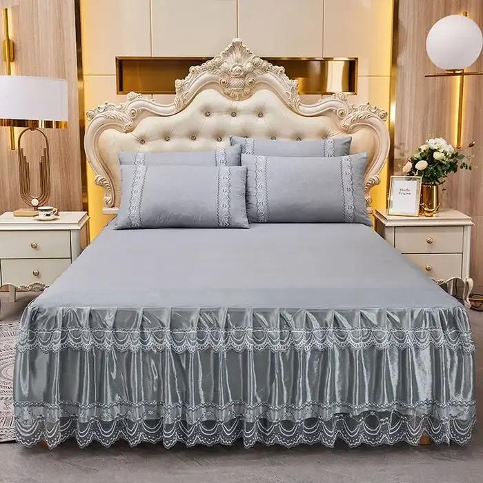 Ensemble de 3 pièces de jupe de lit en dentelle douce