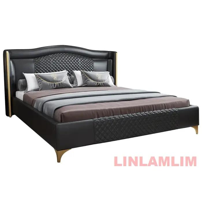 Linlamlim Lit rembourré de luxe en cuir véritable avec tête de lit matelassée – Lit souple moderne King/Queen Size avec accents dorés