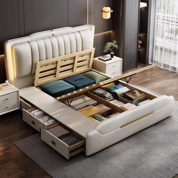 Lit double moderne multifonctionnel avec rangement intégré