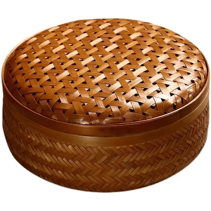 Boîte de rangement ronde en bambou faite à la main avec couvercle