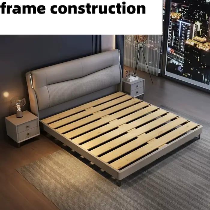 Lit double italien 200x220cm avec lampe intégrée, cadre de lit king size pour 2 personnes, mobilier